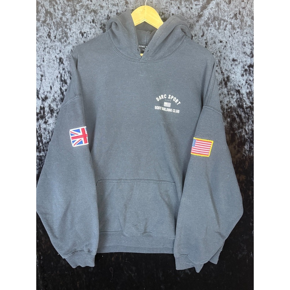 Dare Sport Long Sleeve Hoodie Mens XL Black Front Pockets Embroidered Flags